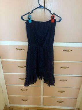 HeartSoul Navy Lace Strapless Ruffle-Hem Cocktail Dress